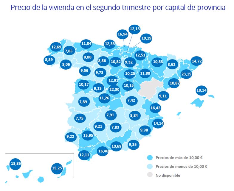 Precio de la vivienda en el segundo trimestre por capital de provincia
